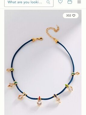 Anthropologie Navy Cord Necklace with Gold and Clear Crystal Charms